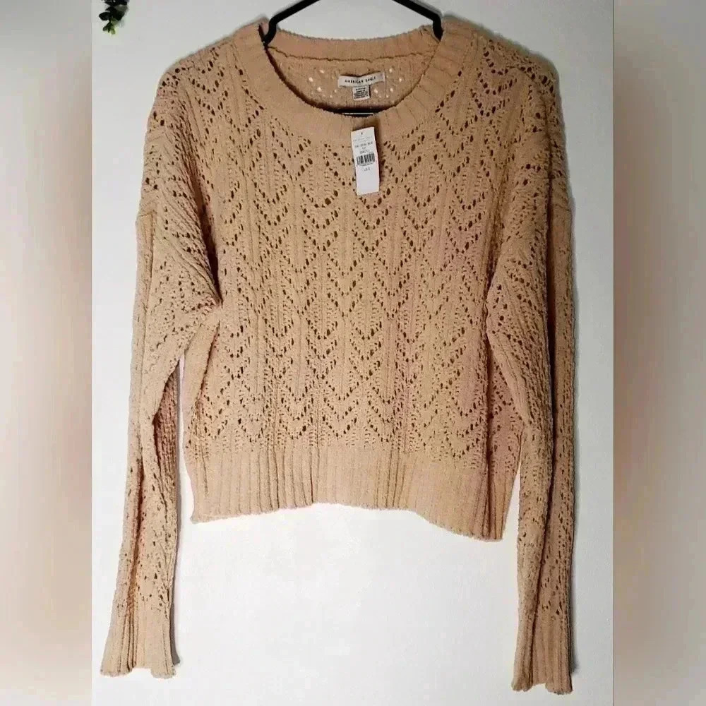 American Eagle Outfitters Beige Cropped Boxy Cable Knit Pullover Sweater Sz S